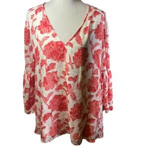Adrianna Papell Red Pink White Flowy Lined Blouse Top Womens Size 14 Embroidered